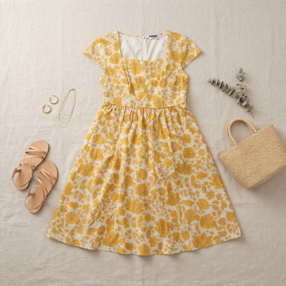 Boden Linen Dress Women 10L Yellow Floral Midi Cap Sleeve Summer Cottagecore